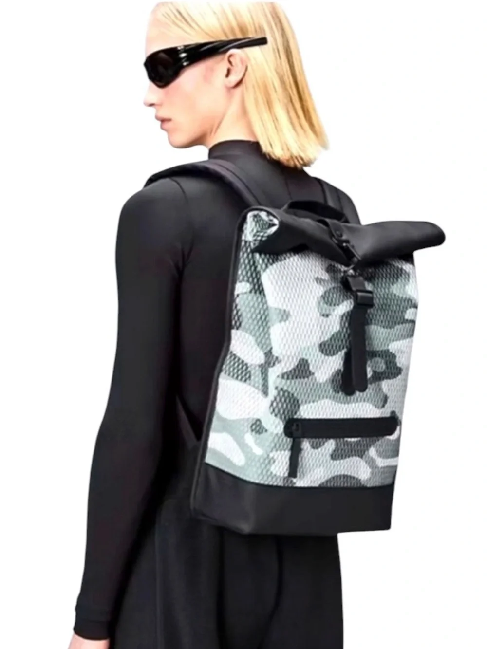 NWT Rains Unisex Rolltop Rucksack Mesh W3 Black & Gray Camo Water Resistant